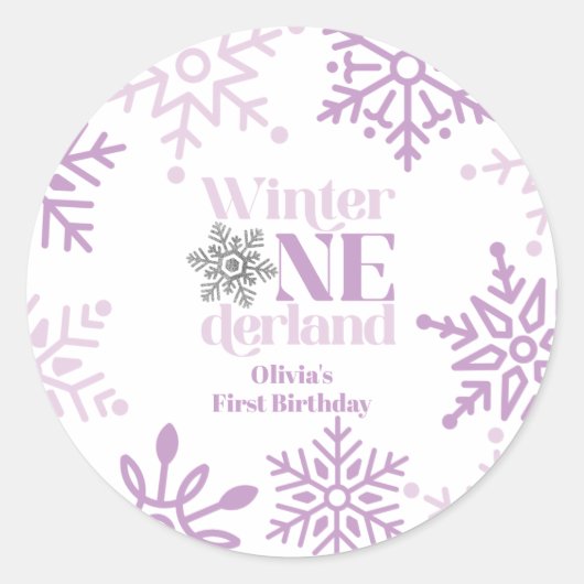 Sticker Rond Hiver Onederland Purple Flocon de neige 1er annive (Devant)