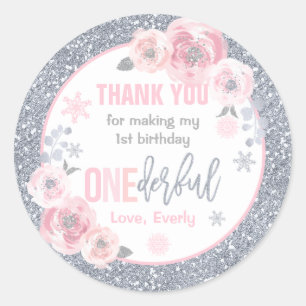 Sticker Rond Hiver ONEderland Rose et argent Anniversaire Faveu