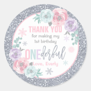Sticker Rond Hiver ONEderland Rose et argent Anniversaire Faveu