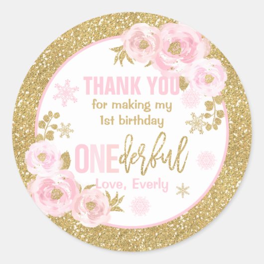 Sticker Rond Hiver ONEderland Rose et or Anniversaire Faveurs (Devant)