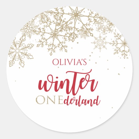 Sticker Rond Hiver ONEdernald Red and Gold Snowflake Anniversai (Devant)