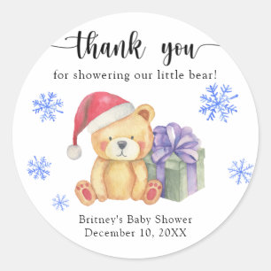 Sticker Rond Hiver Ours en peluche avec cadeau de Noël merci