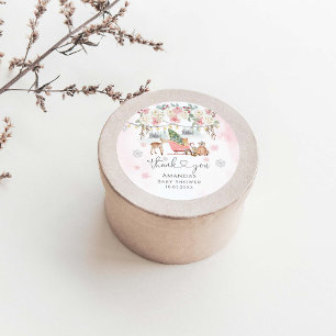 Sticker Rond Hiver Pink Woodland Animaux Fille Baby shower