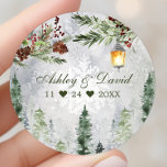 Sticker Rond Hiver Pins Rustiques Lanterne Mariage botanique<br><div class="desc">Sticker rond hiver Rustique Pins lanterne Mariage Botanique classique</div>