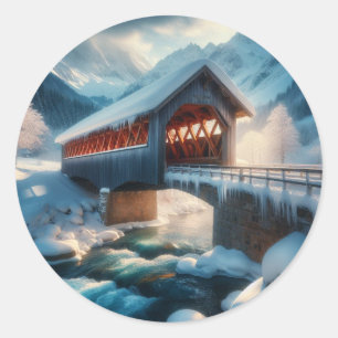 Sticker Rond Hiver, pont enneigé et rivière
