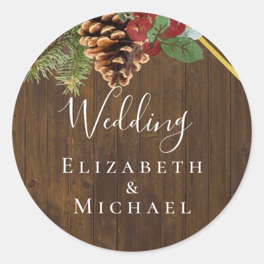 Sticker Rond Hiver Red Berries Pine Cones Mariage (Devant)