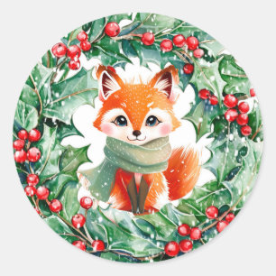 Sticker Rond Hiver Red Fox Green et Baby shower des baies