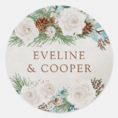 Sticker Rond Hiver Rose blanche et cône de pin Personnalisé (Devant)