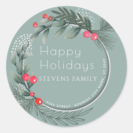 Sticker Rond Hiver Végétation Sainte aquarelle Joyeux Vacances (Devant)