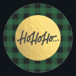 Sticker Rond HO HO HO Christmas Buffalo Plaid Gold Foil<br><div class="desc">Stickers</div>