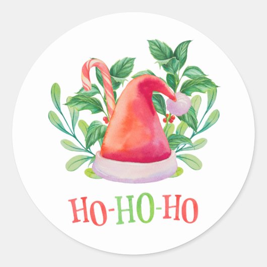 Sticker Rond Ho Ho Ho. Noël aquarelle fleuri. Père Noël (Devant)