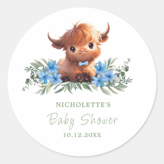 STICKER ROND HOCOW HIGHLAND BABY SHOWER BLEU MODERNE MODERNE (Devant)