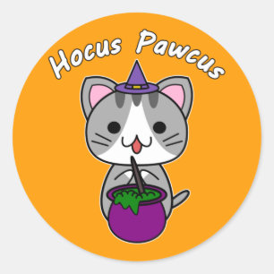 Sticker Rond Hocus Pawcus - Chat Gris Marbré - Écriture Blanche