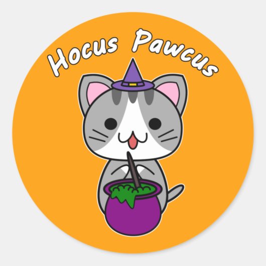 Sticker Rond Hocus Pawcus - Chat Gris Marbré - Écriture Blanche (Devant)