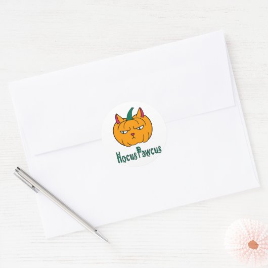 Sticker Rond Hocus pawcus Halloween citrouille ginger cat magie (Enveloppe)