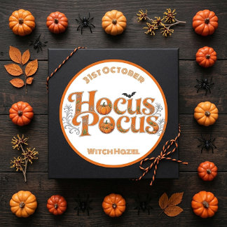 Sticker Rond Hocus Pocus Citrouilles Orange Chauve-Souris Typog