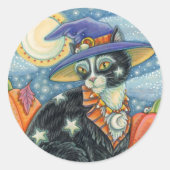 STICKER ROND HOCUS POCUS NOIR CAT WITCH & MOUSE HALLOWEEN (Devant)