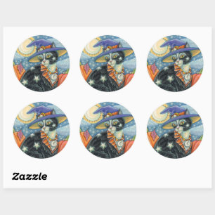 STICKER ROND HOCUS POCUS NOIR CAT WITCH & MOUSE HALLOWEEN