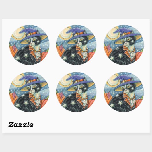 STICKER ROND HOCUS POCUS NOIR CAT WITCH & MOUSE HALLOWEEN (Feuille)