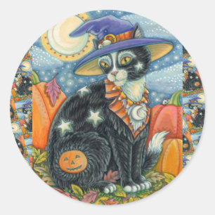 STICKER ROND HOCUS POCUS NOIR CAT WITCH & MOUSE HALLOWEEN