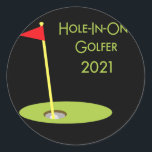 Sticker Rond Hole In One Golfer 2021 Golf Hole In One Golfing<br><div class="desc">Hole In One Golfer 2021 Golf Hole In One Golfing Gift. Perfect gift for your dad,  mom,  papa,  men,  women,  friend and family members on Thanksgiving Day,  Christmas Day,  Mothers Day,  Fathers Day,  4th of July,  1776 Independent day,  Veterans Day,  Halloween Day,  Patrick's Day</div>