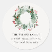 Sticker Rond Holly Berries Pine Snow Christmas Wreath Adresse (Devant)