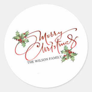 Sticker Rond Holly Berry Gradient Red Script Joyeux Noël