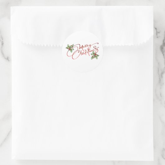 Sticker Rond Holly Berry Gradient Red Script Merry Christmas (Sac)