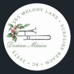 Sticker Rond Holly Horn Music Holiday Christmas Green Address<br><div class="desc">Illustration ancienne d'un trombone et de quelques baies vertes et rouges festives. Magnifique étiquette de adresse pour les mélomanes.</div>