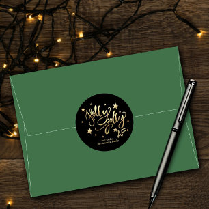 Sticker Rond Holly Jolly AF Shiny Gold Faux Foil Script