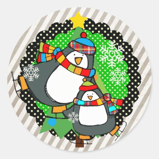 Sticker rond Holly Jolly Patinage Penguins (Devant)