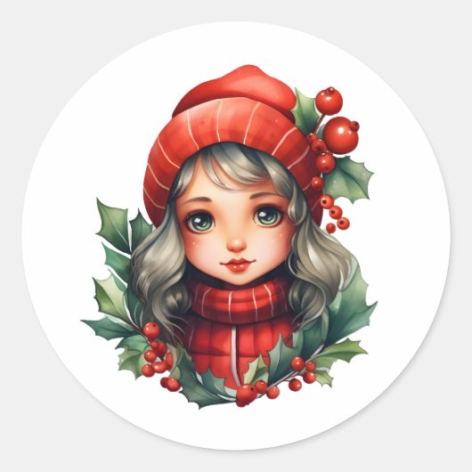 Sticker Rond Holly mignon fille Noël (Devant)