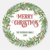 Sticker Rond Holly Wreath Nom de famille Noël Blanc (Devant)