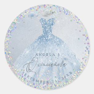 Sticker Rond Holographic Confetti Quinceanera Dusty Blue Gown