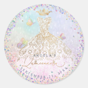 Sticker Rond Holographique Confetti Quinceanera White Gold Gown