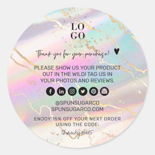 Sticker Rond Holographique Iridescente Opal Gem Merci d'affaire (Devant)