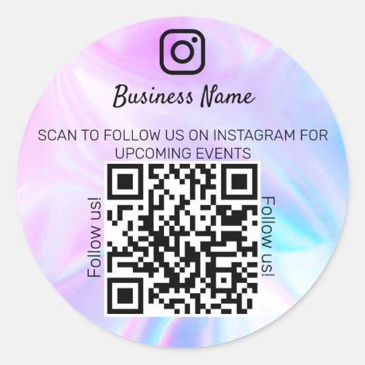 Sticker Rond Holographique opale nom d'entreprise qr code insta (Devant)