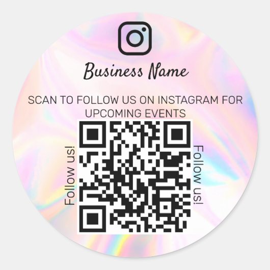 Sticker Rond Holographique opale nom d'entreprise qr code insta (Devant)