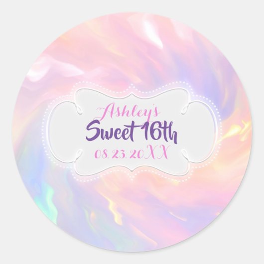 Sticker Rond Holographique Sweet 16 Nom Rose Date Quinceañera (Devant)