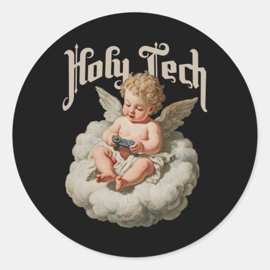 Sticker Rond Holy Tech Gamer Angel Funny Cherob Ba  (Devant)