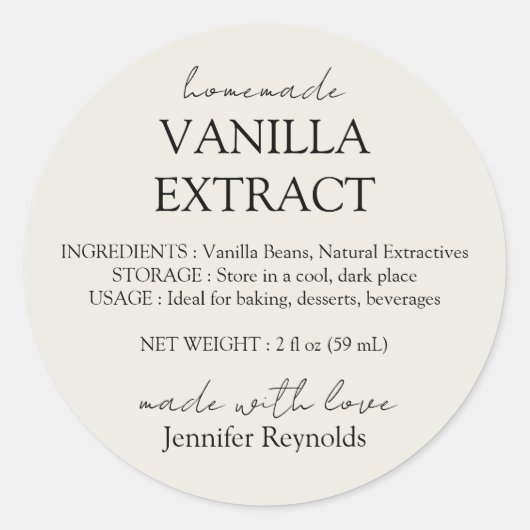 Sticker Rond Homemade Vanilla Extract ivory beige Instructions (Devant)
