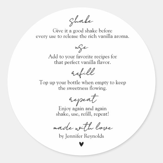 Sticker Rond Homemade Vanilla Extract Shake Use Refill Repeat (Devant)