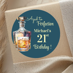 Sticker Rond Homme âgé à la perfection 21 ans Whiskey Anniversa