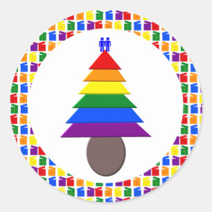 Sticker Rond Hommes gais Arbre de Noël arc-en-ciel et présente