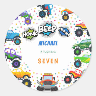 Sticker Rond Honer beep vroom monstre camions garçon anniversai