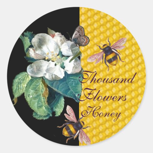 STICKER ROND HONEY ABEILLES, BEURRE ET FLEURS BLANCHES (Devant)