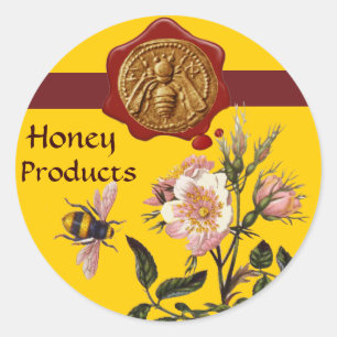 STICKER ROND HONEY BEE AND WILD ROSES, BEEKEEPER WAX SEAL