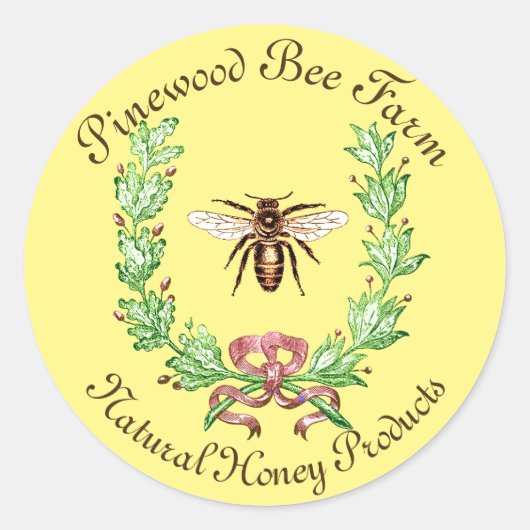 STICKER ROND HONEY BEE, WREATH AVEC DES FEUILLES DE CHÊNE (Devant)