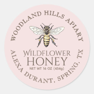 Sticker Rond Honey Vintage Queen Bee Rose arrière - plan rose