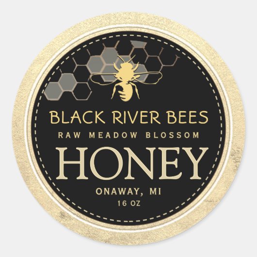 Sticker Rond Honeypeb & Bee Raw Miel Iridescente Bordure Jaune (Devant)